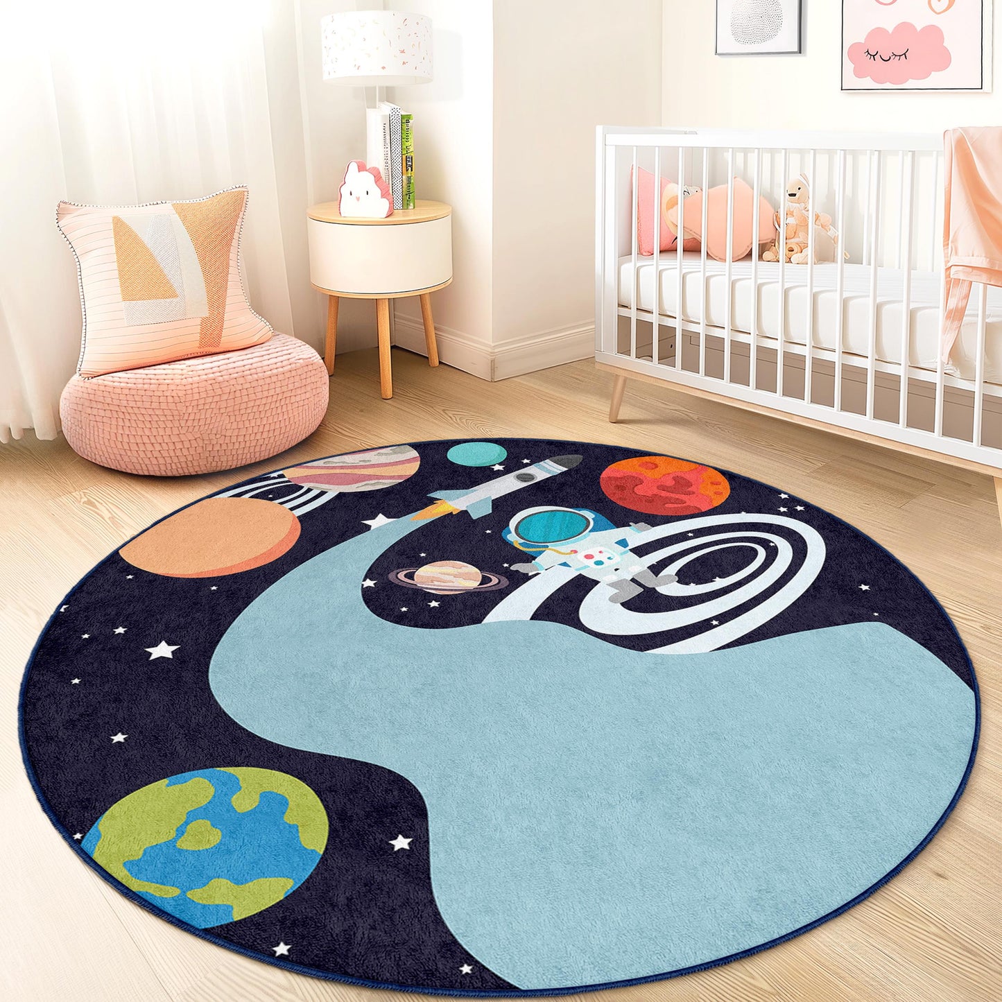 Cosmic Adventure Kids Round Rug, Space Theme Play Mat, Astronaut Rug for Kids Room, Galaxy Decor, Playroom Carpet