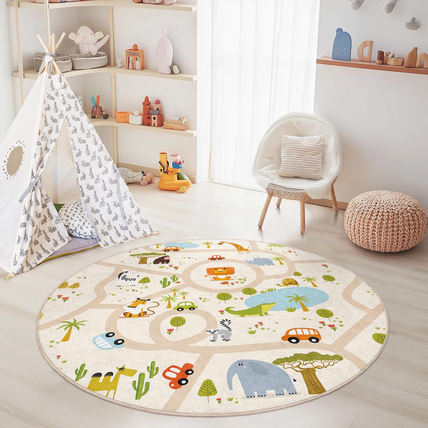 Animal Adventure Kids Round Rug, Playful Jungle Road Map Rug, Soft Nursery Area Rug, Cute Kids Room Decor, Interactive Play Mat