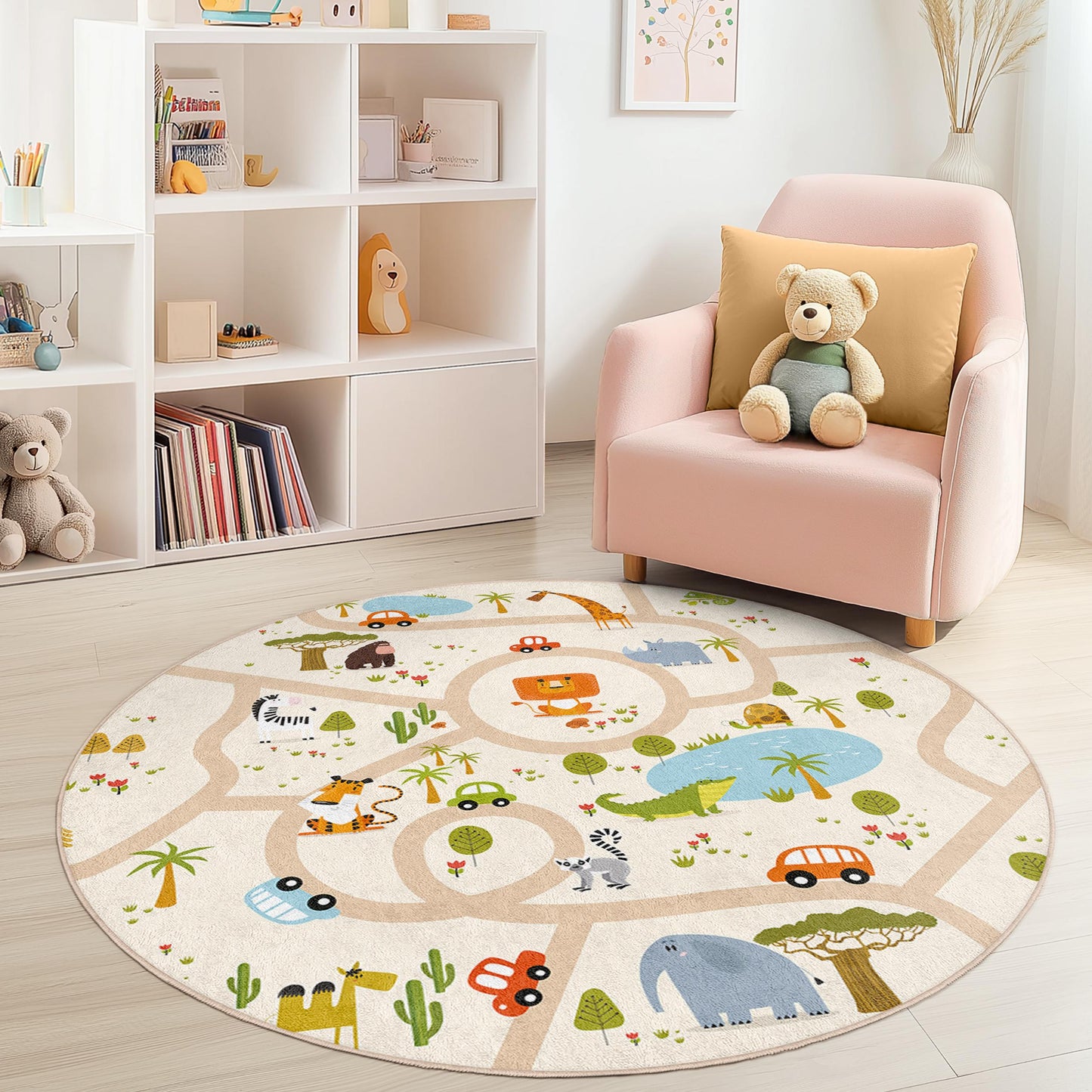 Animal Adventure Kids Round Rug, Playful Jungle Road Map Rug, Soft Nursery Area Rug, Cute Kids Room Decor, Interactive Play Mat
