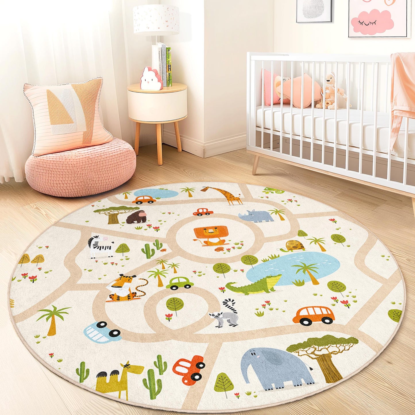 Animal Adventure Kids Round Rug, Playful Jungle Road Map Rug, Soft Nursery Area Rug, Cute Kids Room Decor, Interactive Play Mat