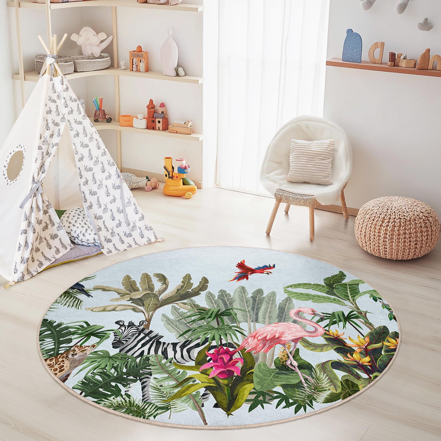 Tropical Paradise Round Kids Rug, Jungle Animal Play Mat, Flamingo Decor, Nature Inspired Round Rug, Kids Room Flooring