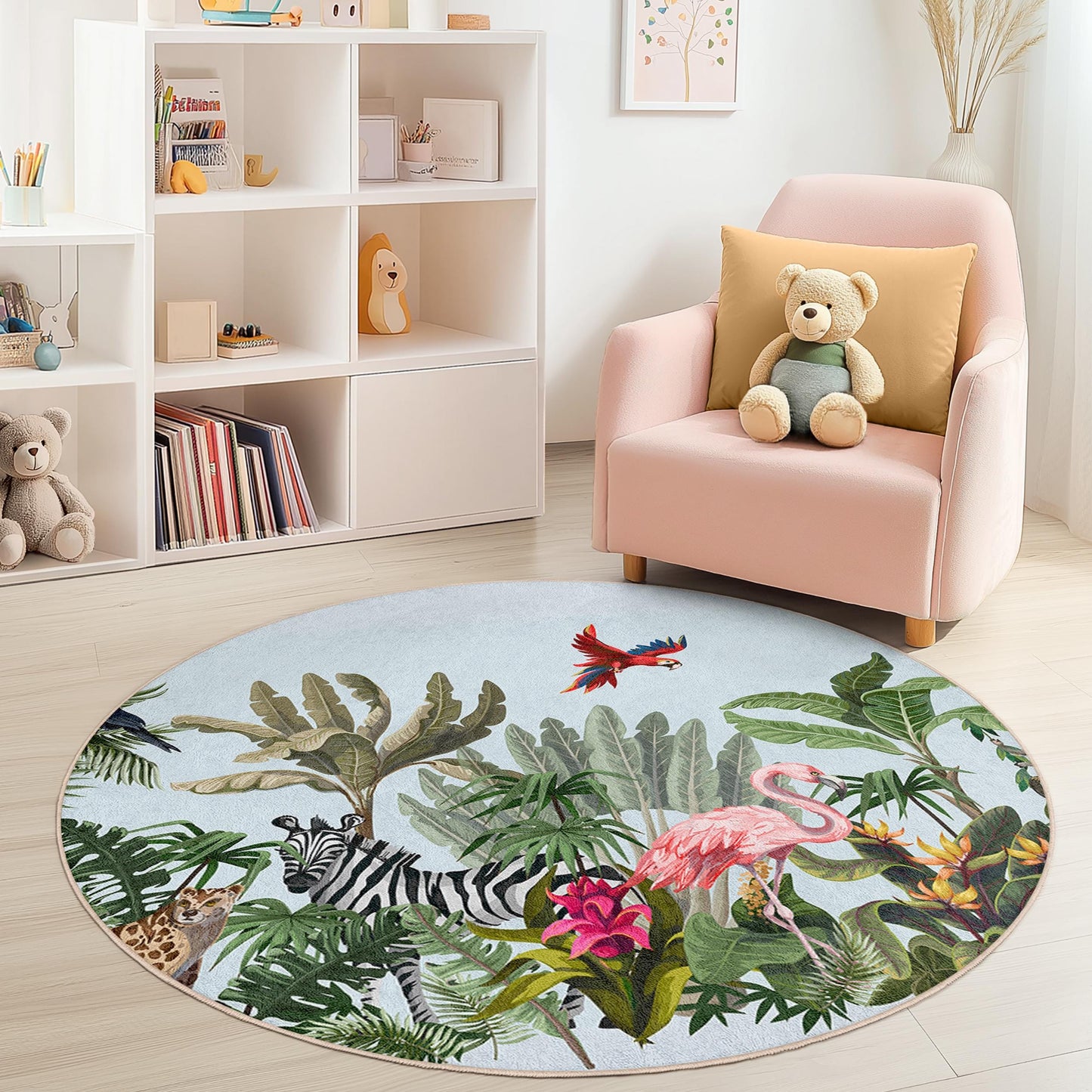 Tropical Paradise Round Kids Rug, Jungle Animal Play Mat, Flamingo Decor, Nature Inspired Round Rug, Kids Room Flooring