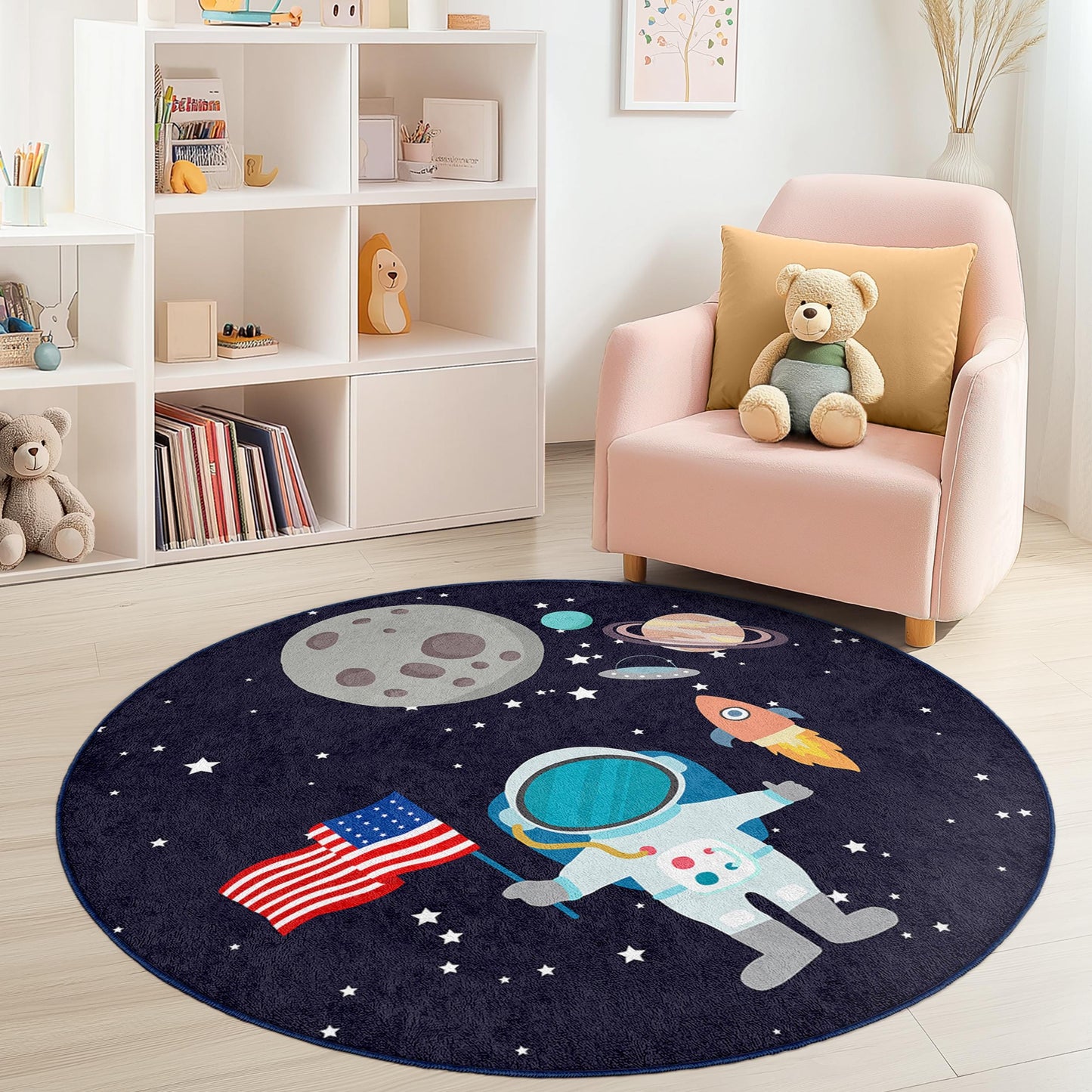 Astronaut Space Adventure Round Kids Rug, Outer Space Themed Rug, Galaxy Decor for Kids Room, Playroom Rug, Fun Planet Carpet