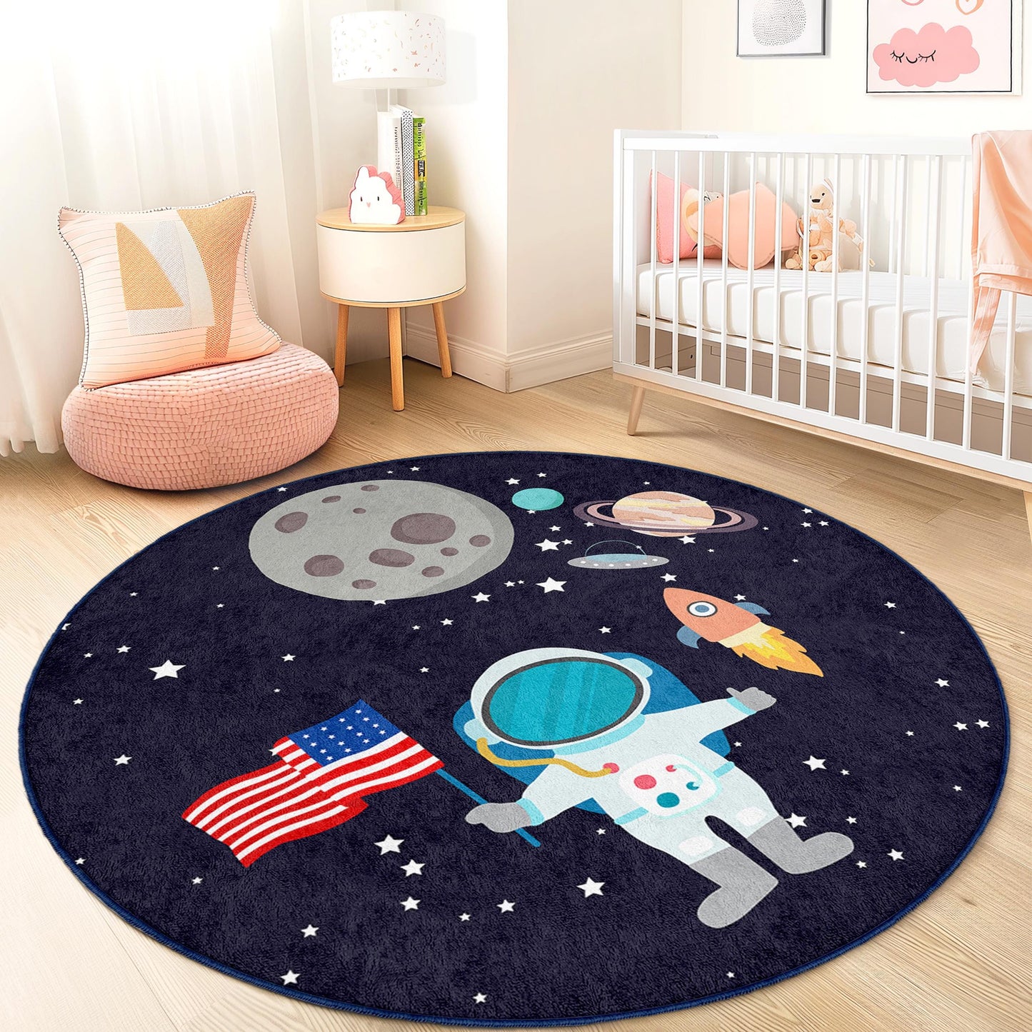 Astronaut Space Adventure Round Kids Rug, Outer Space Themed Rug, Galaxy Decor for Kids Room, Playroom Rug, Fun Planet Carpet