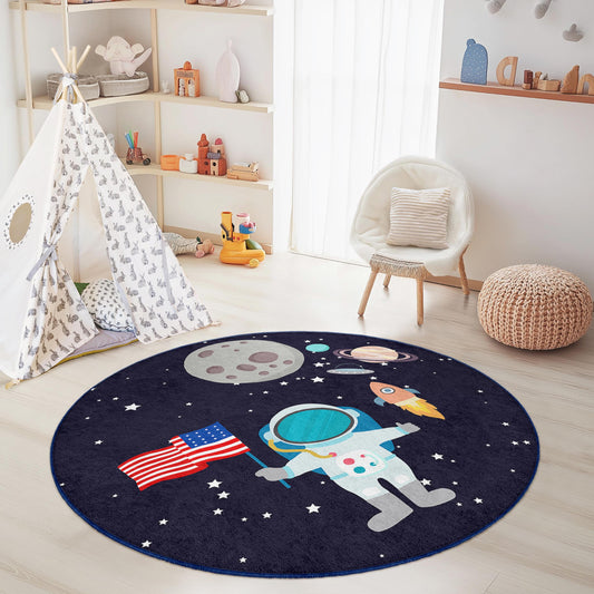 Astronaut Space Adventure Round Kids Rug, Outer Space Themed Rug, Galaxy Decor for Kids Room, Playroom Rug, Fun Planet Carpet