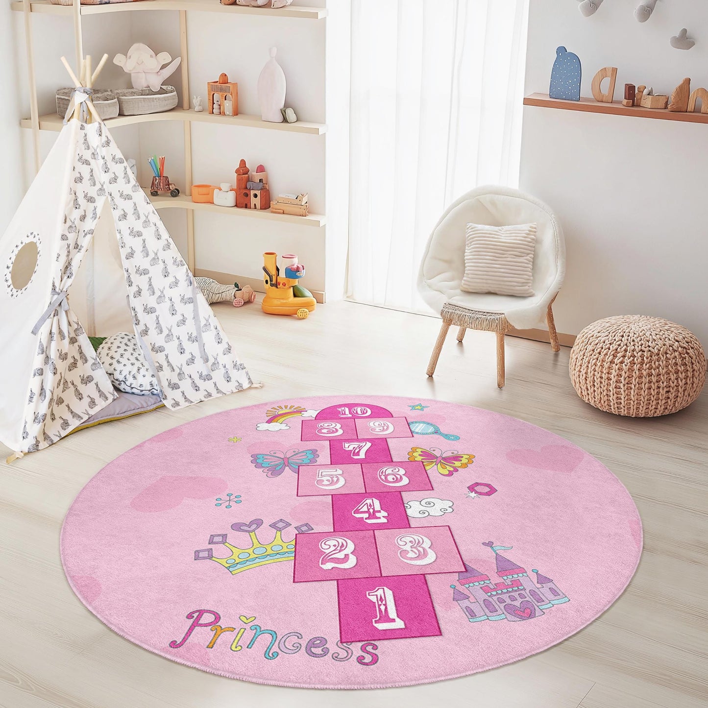 Princess Hopscotch Round Play Rug, Pink Kids Rug, Girls Room Decor, Interactive Hopscotch Mat, Soft Nursery Rug, Playroom Area Rug
