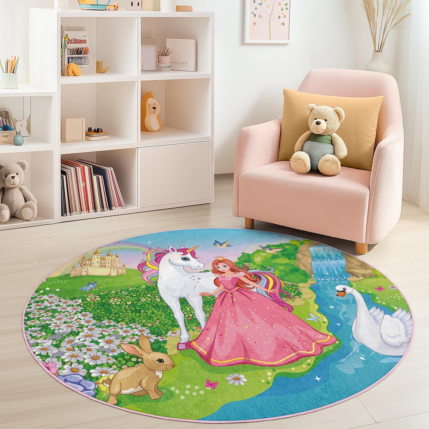 Magical Unicorn Round Kids Play Rug, Princess Themed Kids Room Rug, Fairy Tale Area Rug, Playroom Decor, Nursery Carpet