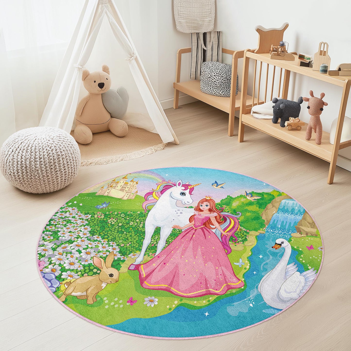 Magical Unicorn Round Kids Play Rug, Princess Themed Kids Room Rug, Fairy Tale Area Rug, Playroom Decor, Nursery Carpet