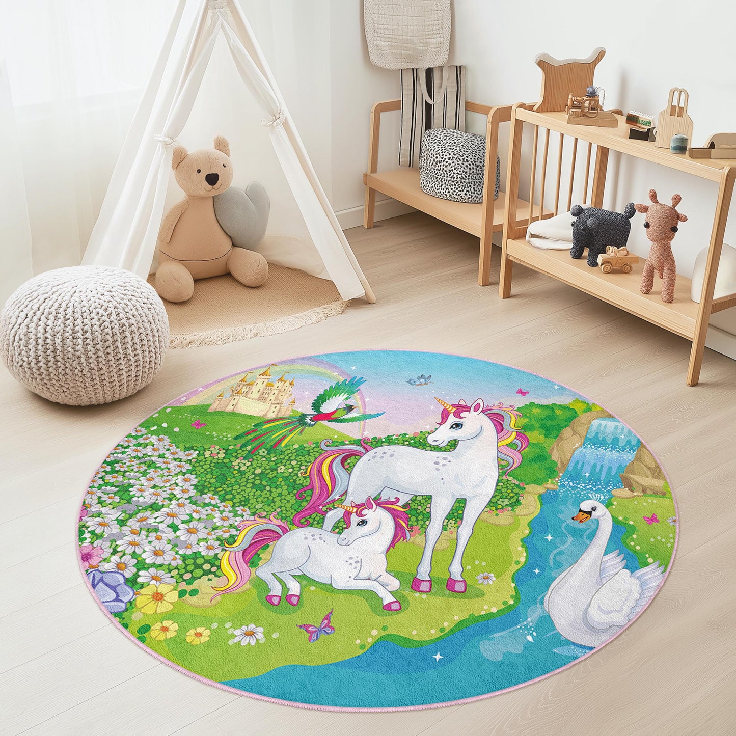 Magical Unicorn Round Rug, Enchanted Forest Kids Rug, Unicorn Play Mat, Fairy Tale Carpet, Nursery Decor