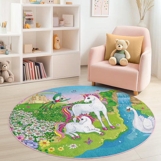 Magical Unicorn Round Rug, Enchanted Forest Kids Rug, Unicorn Play Mat, Fairy Tale Carpet, Nursery Decor