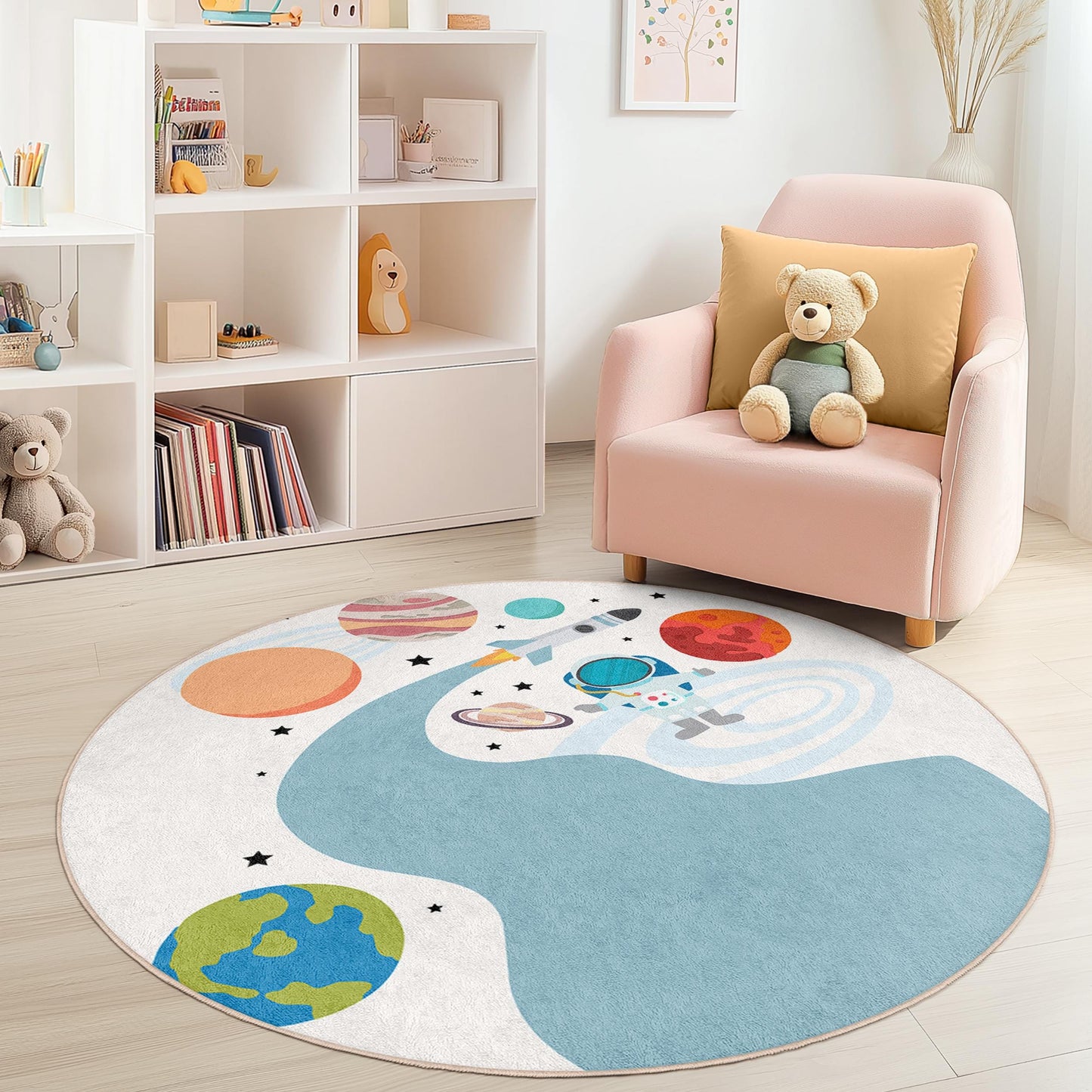 Space Adventure Round Kids Play Rug, Astronaut Rug for Kids Room, Galaxy Themed Play Mat, Colorful Kids Carpet