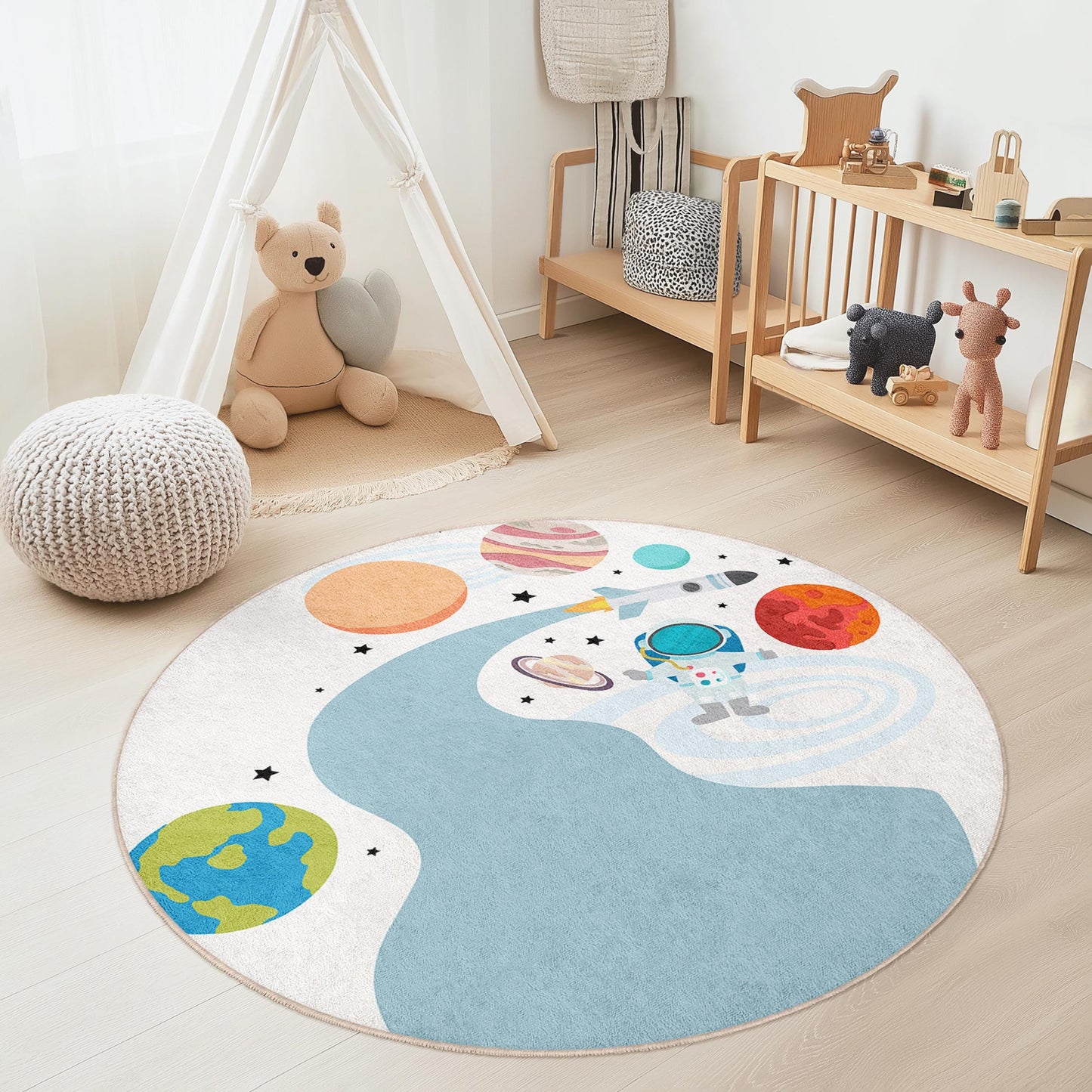 Space Adventure Round Kids Play Rug, Astronaut Rug for Kids Room, Galaxy Themed Play Mat, Colorful Kids Carpet