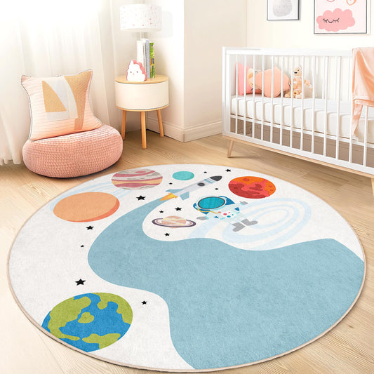 Space Adventure Round Kids Play Rug, Astronaut Rug for Kids Room, Galaxy Themed Play Mat, Colorful Kids Carpet