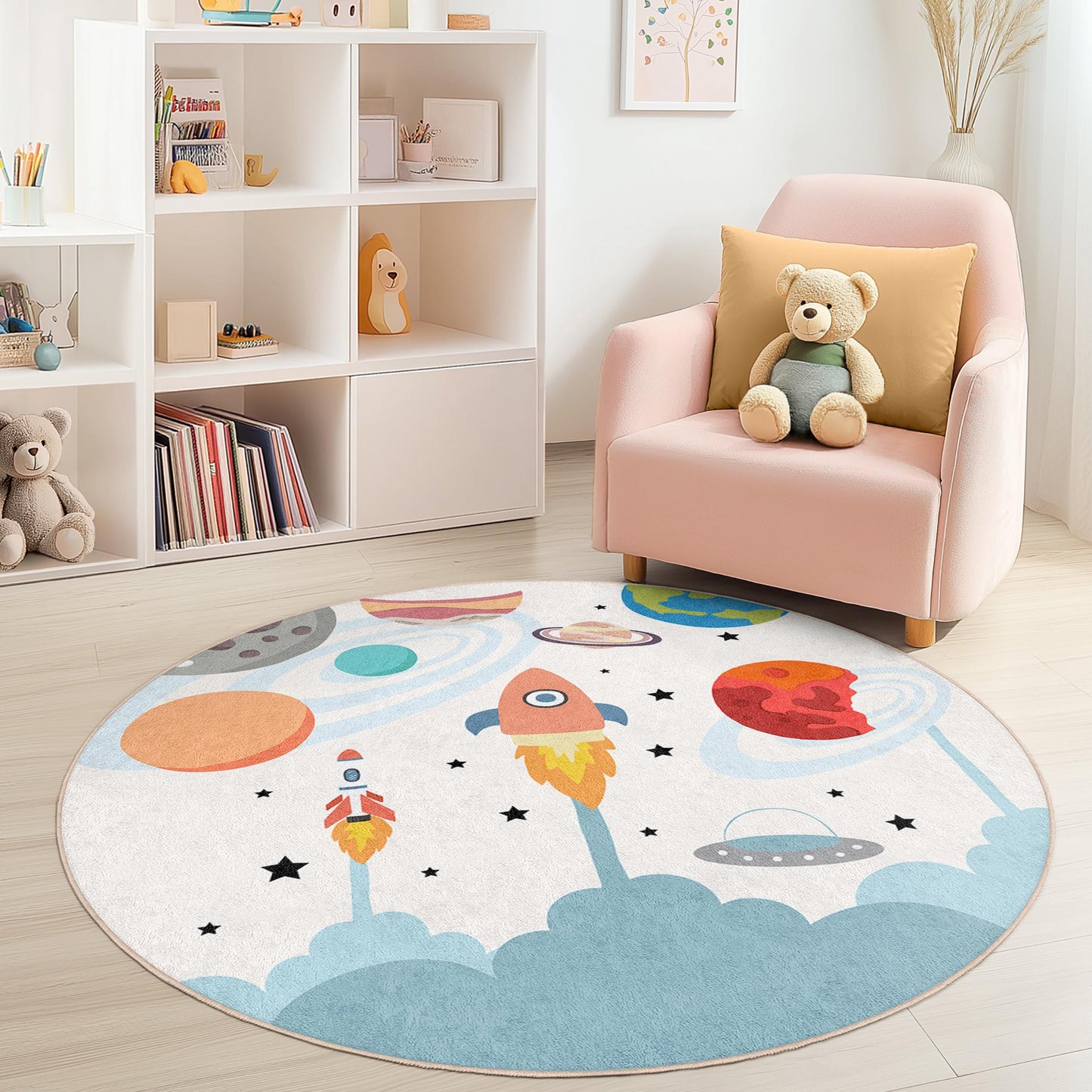 Rocket Adventure Round Kids Play Rug, Space Themed Carpet, Colorful Nursery Decor, Fun Playroom Rug, Toddler Room Accent