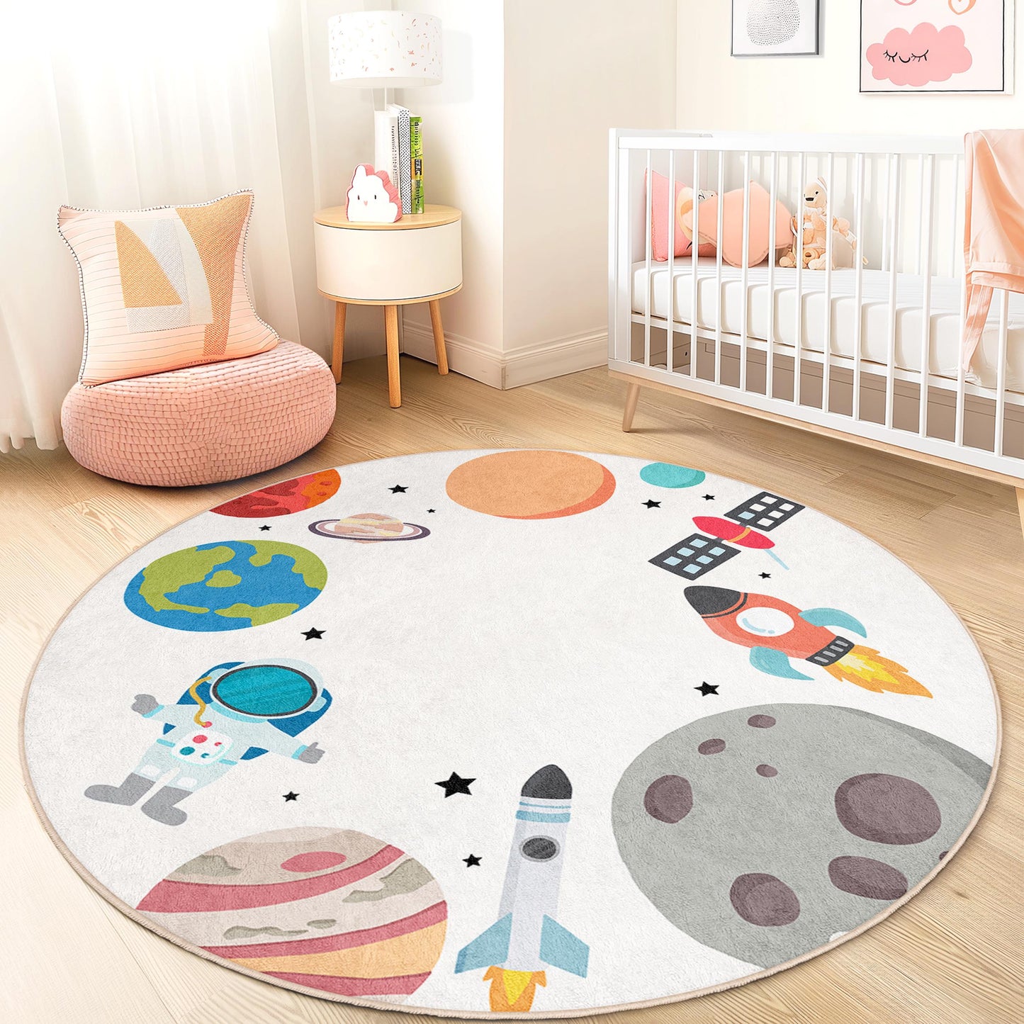 Cosmic Adventure Round Kids Play Rug, Outer Space Themed Carpet, Astronauts & Planets Rug, Playroom Decor, Nursery Mat