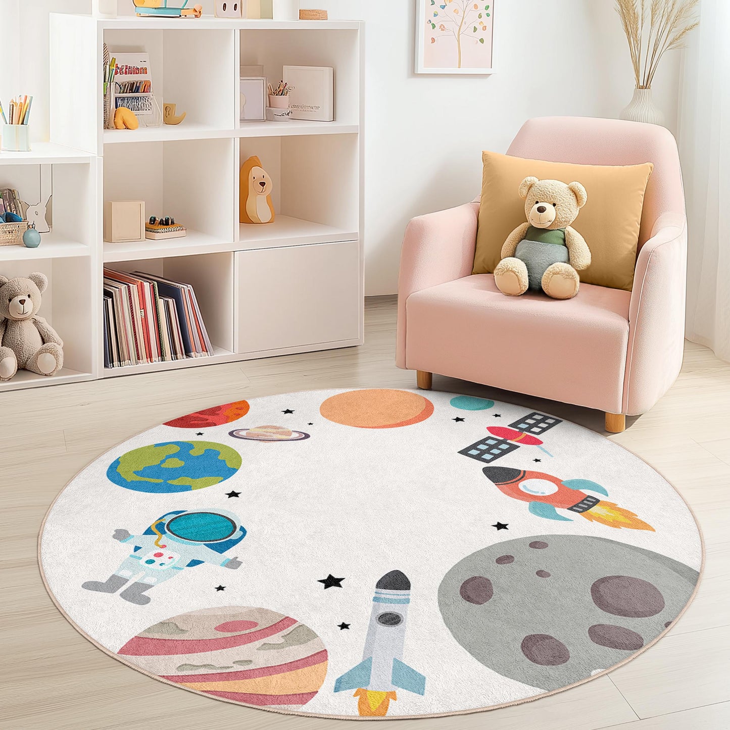 Cosmic Adventure Round Kids Play Rug, Outer Space Themed Carpet, Astronauts & Planets Rug, Playroom Decor, Nursery Mat