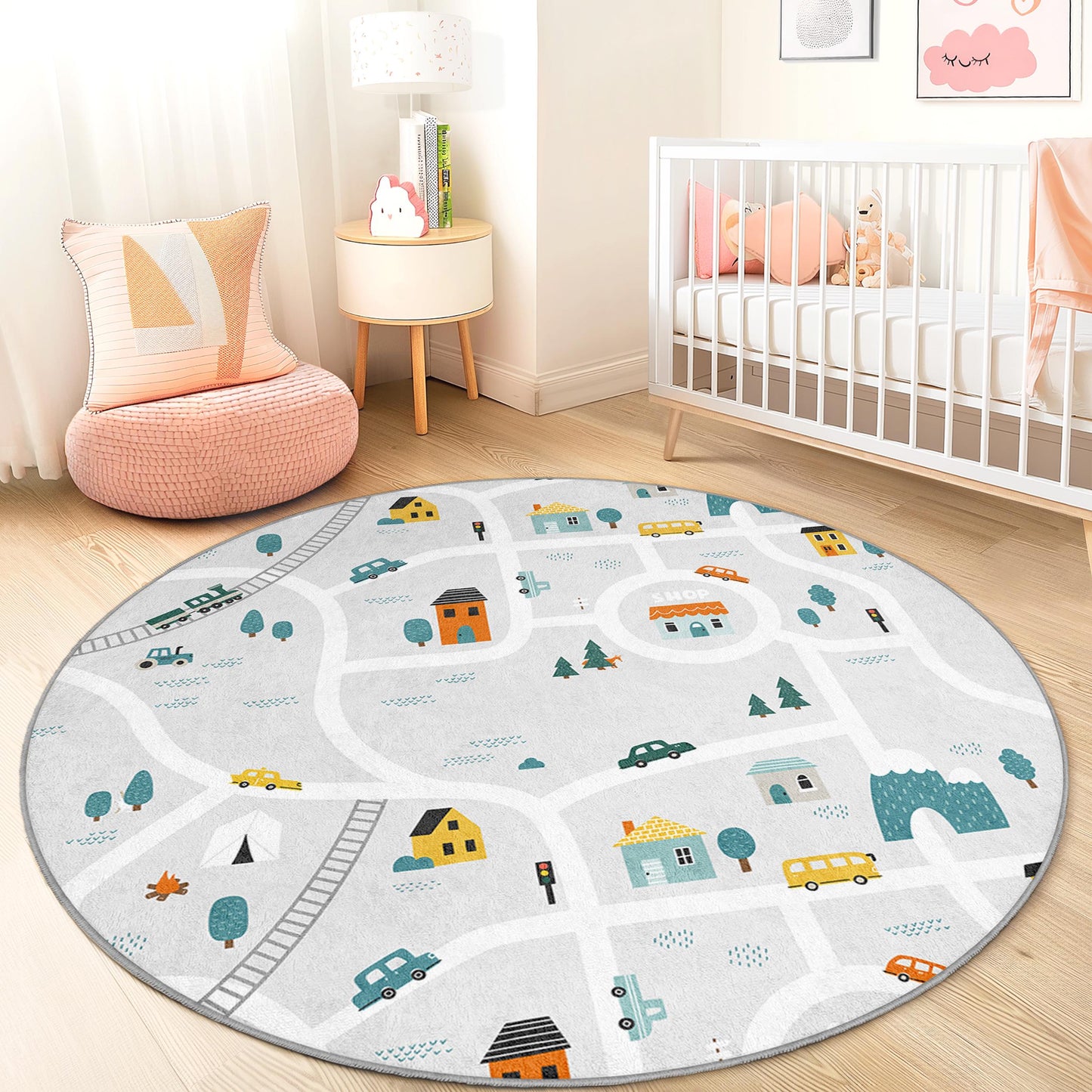 Playful Road Map Round Kids Rug, Interactive Play Mat for Children's Room, Soft Nursery Decor, Kids Playroom Rug