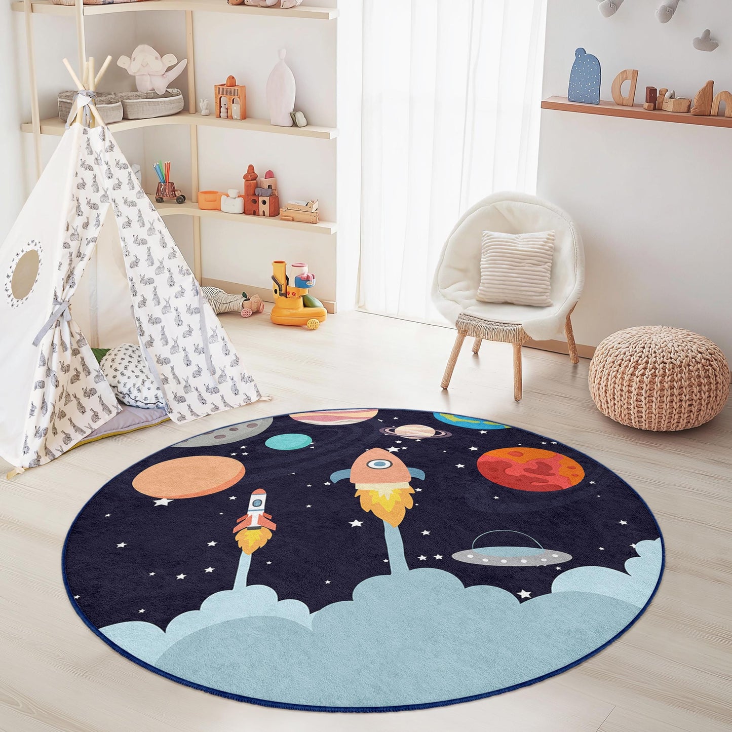 Rocket Ship Adventure Round Kids Rug, Space Theme Play Mat, Outer Space Decor, Kids Room Rug, Galaxy Nursery Carpet