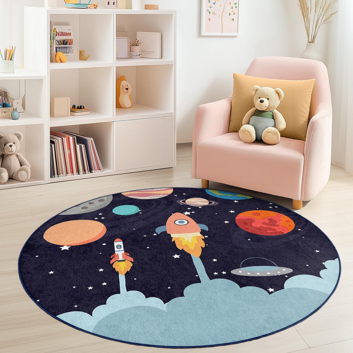 Rocket Ship Adventure Round Kids Rug, Space Theme Play Mat, Outer Space Decor, Kids Room Rug, Galaxy Nursery Carpet