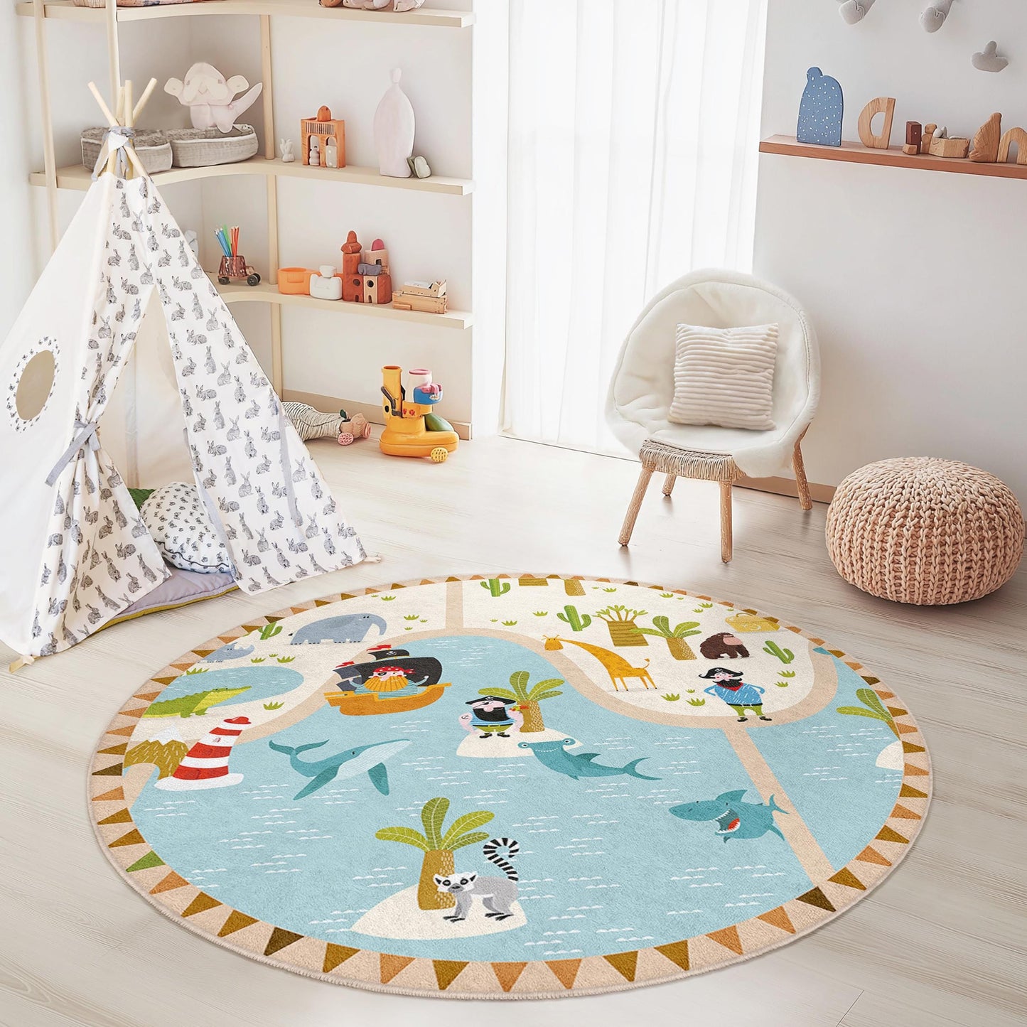 Pirate Adventure Round Kids Rug, Playful Map Kids Carpet, Nursery Decor, Soft Play Mat for Children's Room, Fun Animal Design