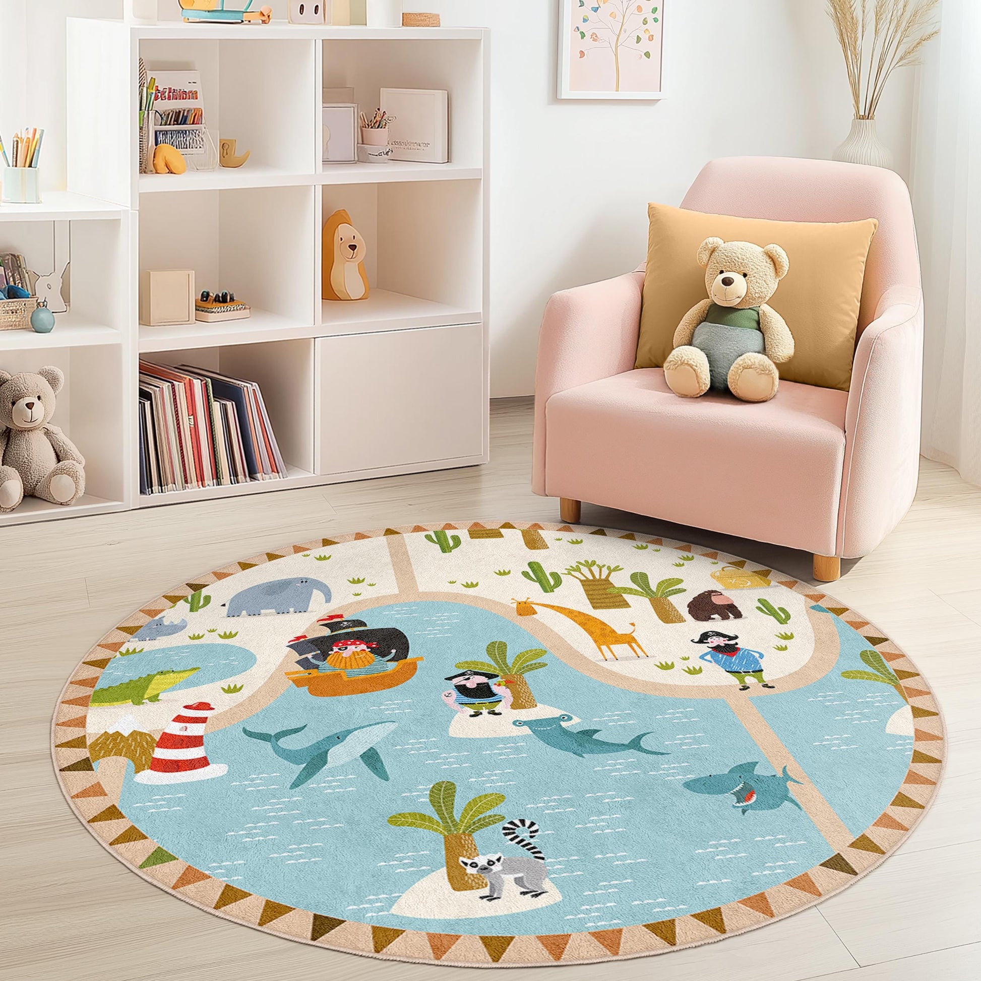 Pirate Adventure Round Kids Rug, Playful Map Kids Carpet, Nursery Decor, Soft Play Mat for Children's Room, Fun Animal Design