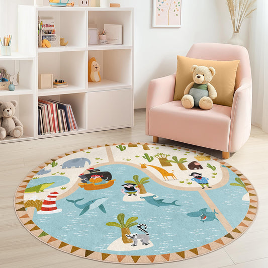 Pirate Adventure Round Kids Rug, Playful Map Kids Carpet, Nursery Decor, Soft Play Mat for Children's Room, Fun Animal Design