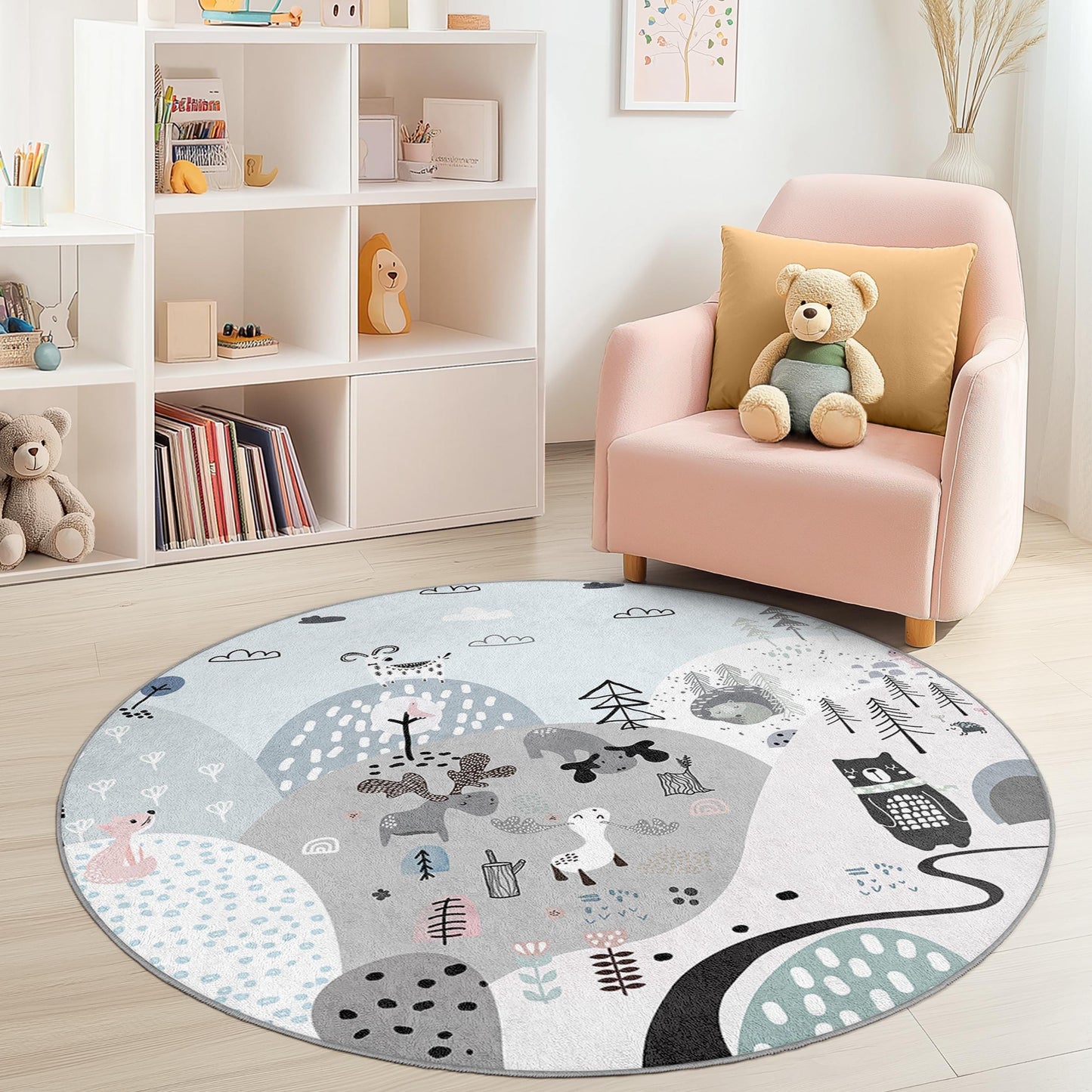 Whimsical Forest Round Kids Rug, Animal Theme Nursery Rug, Playroom Decor, Soft Round Carpet for Children, Cozy Kids Room Mat
