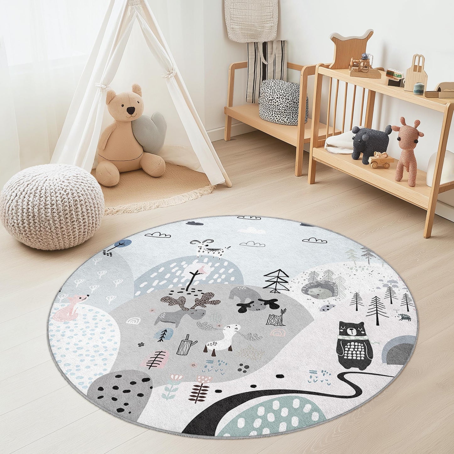 Whimsical Forest Round Kids Rug, Animal Theme Nursery Rug, Playroom Decor, Soft Round Carpet for Children, Cozy Kids Room Mat