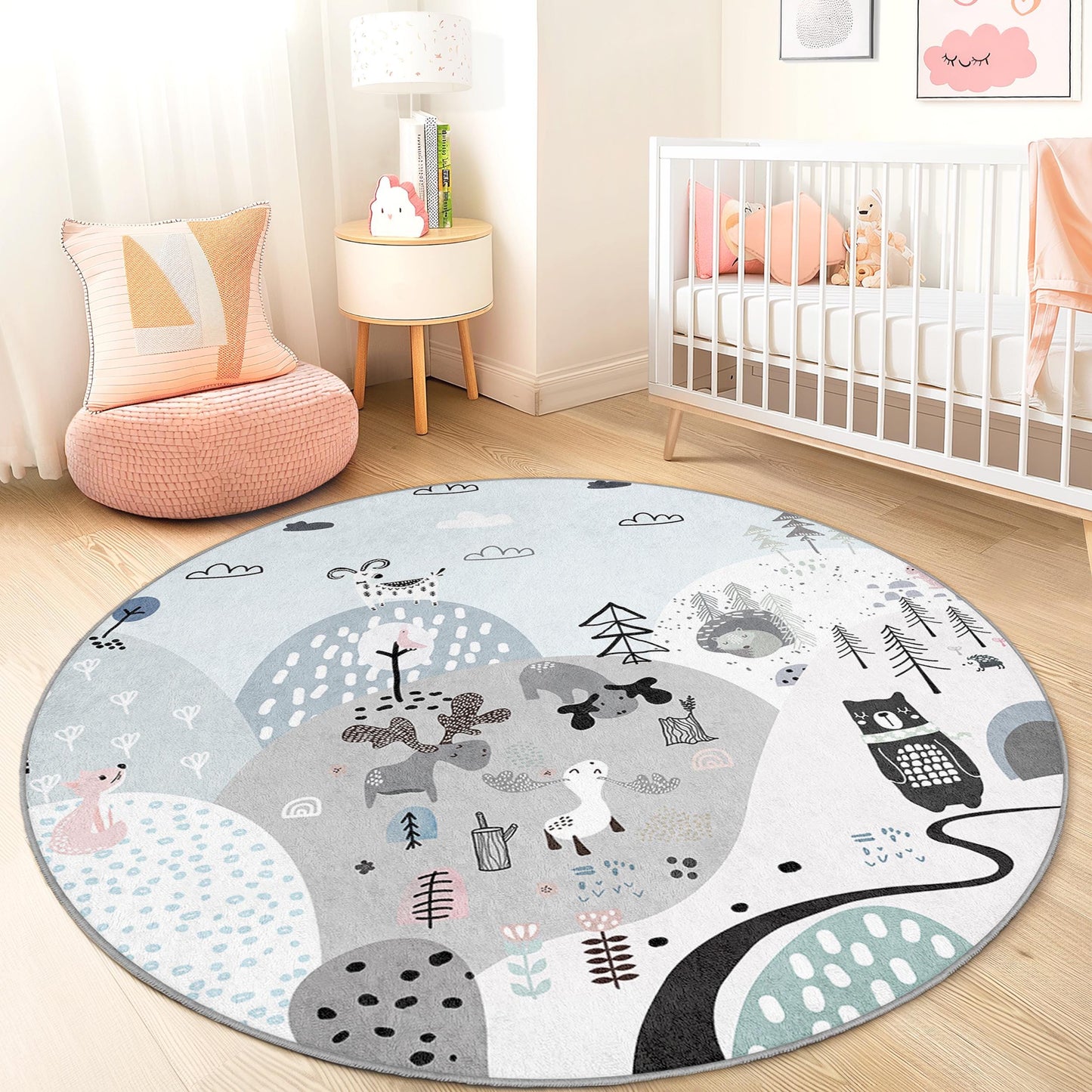 Whimsical Forest Round Kids Rug, Animal Theme Nursery Rug, Playroom Decor, Soft Round Carpet for Children, Cozy Kids Room Mat