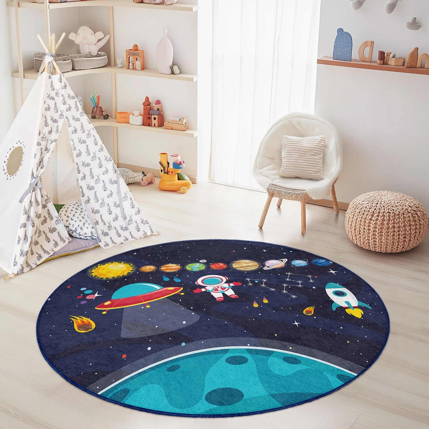 Space Adventure Round Kids Rug, Astronaut and Planets Play Mat, Galaxy Themed Soft Carpet for Kids Room, Nursery Decor