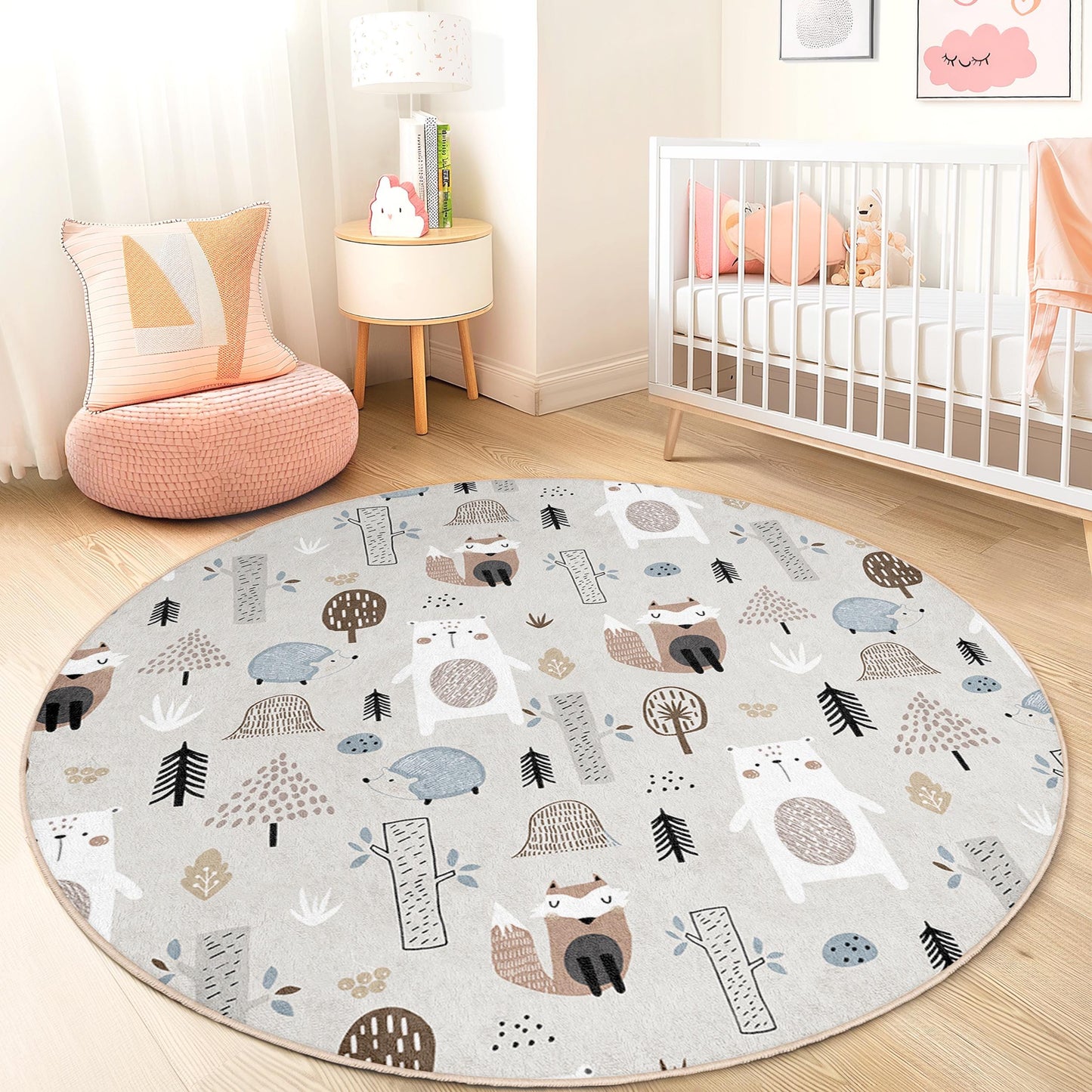 Whimsical Forest Animals Round Kids Rug, Cute Bear and Hedgehog Decor, Children's Room Carpet, Soft Play Mat, Nursery Rug