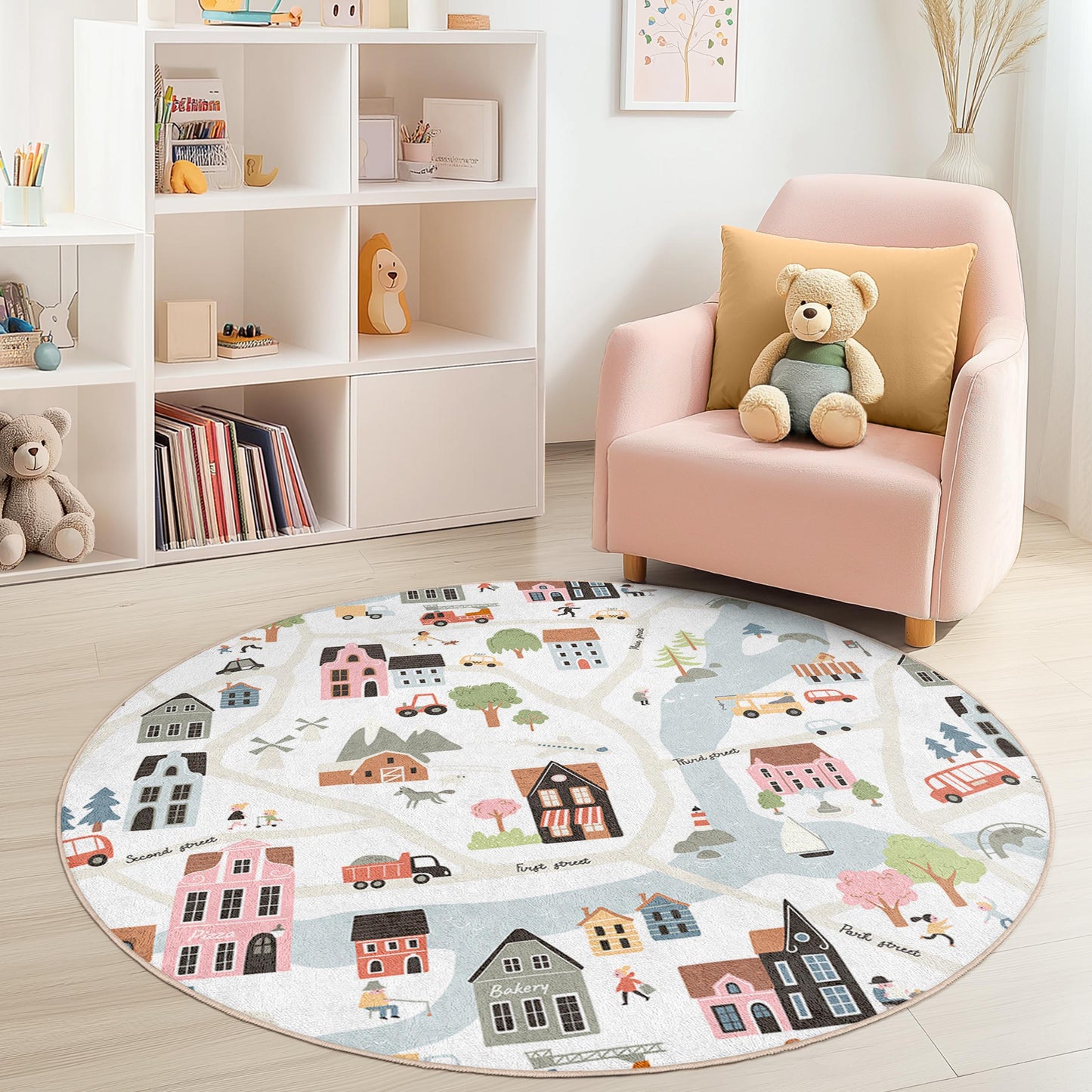 Charming Village Road Map Round Kids Rug, Playful Town Design, Soft Play Mat for Nursery and Kids Room Decor