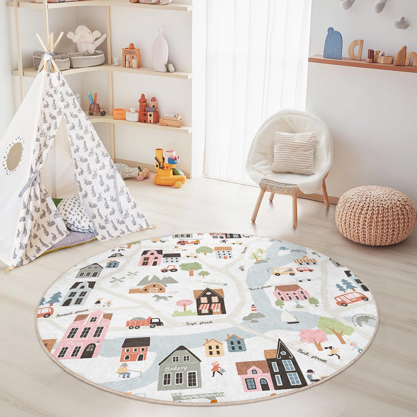 Charming Village Road Map Round Kids Rug, Playful Town Design, Soft Play Mat for Nursery and Kids Room Decor