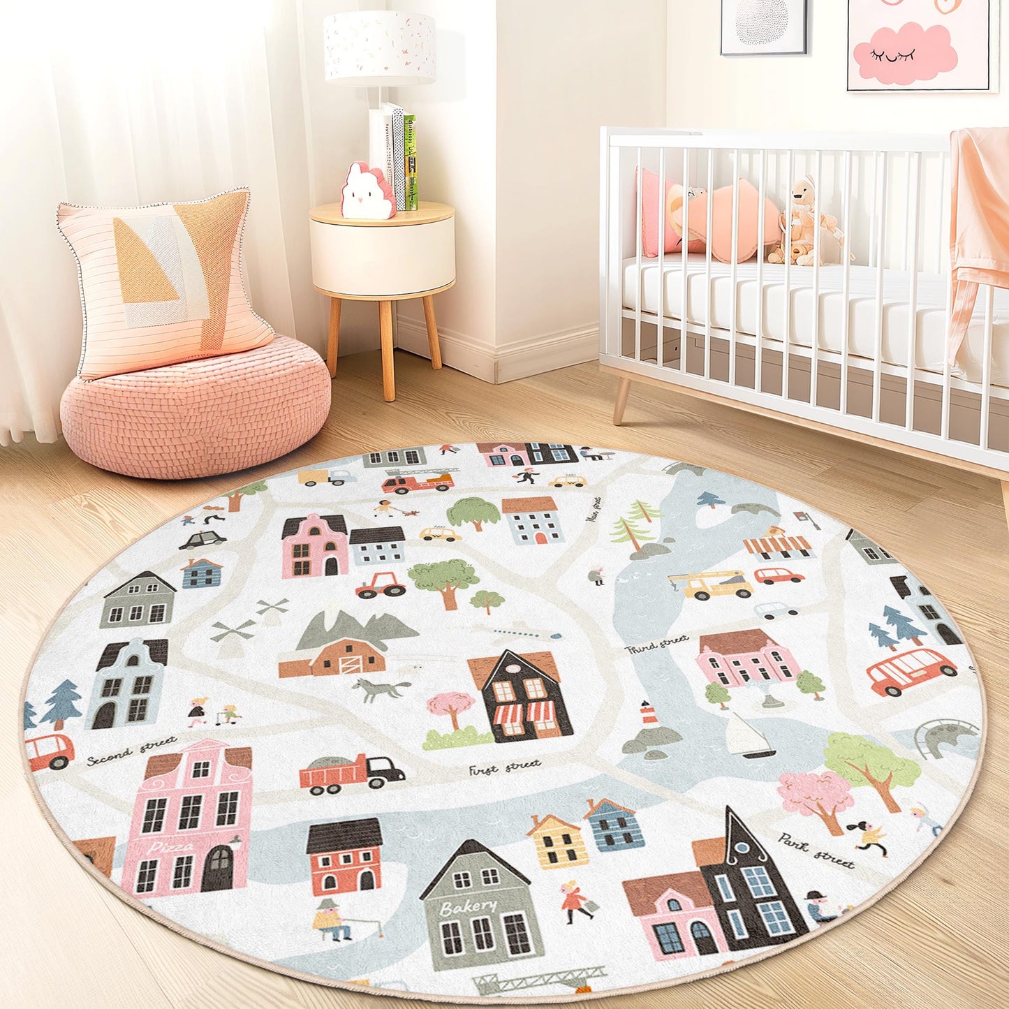 Charming Village Road Map Round Kids Rug, Playful Town Design, Soft Play Mat for Nursery and Kids Room Decor