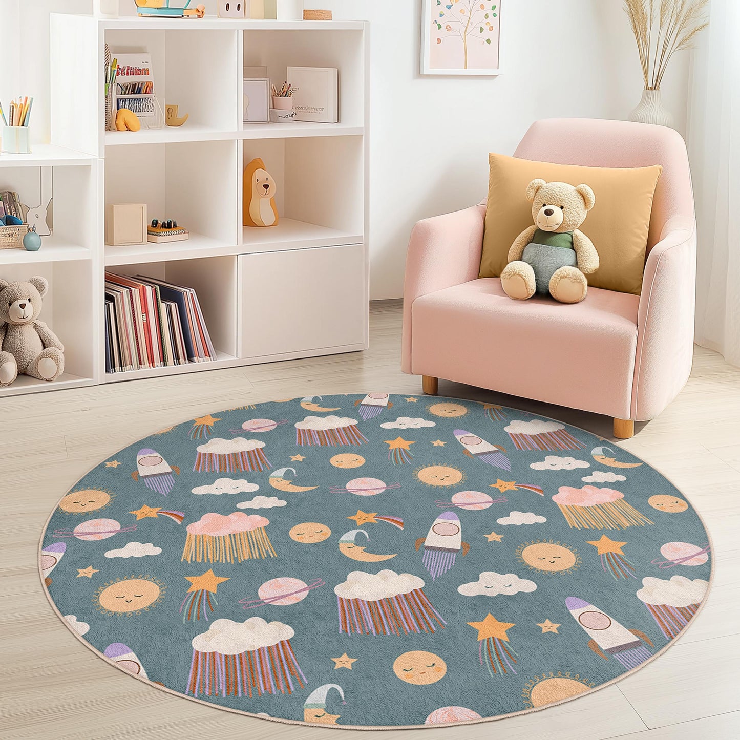 Whimsical Outer Space Round Kids Rug, Rocket and Star Nursery Carpet, Playroom Decor, Soft Play Mat for Children