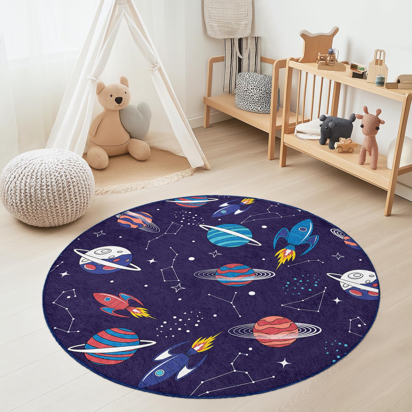 Space Adventure Round Kids Play Rug, Rocket and Planet Design, Cosmic Play Mat for Children's Room, Astronaut Decor