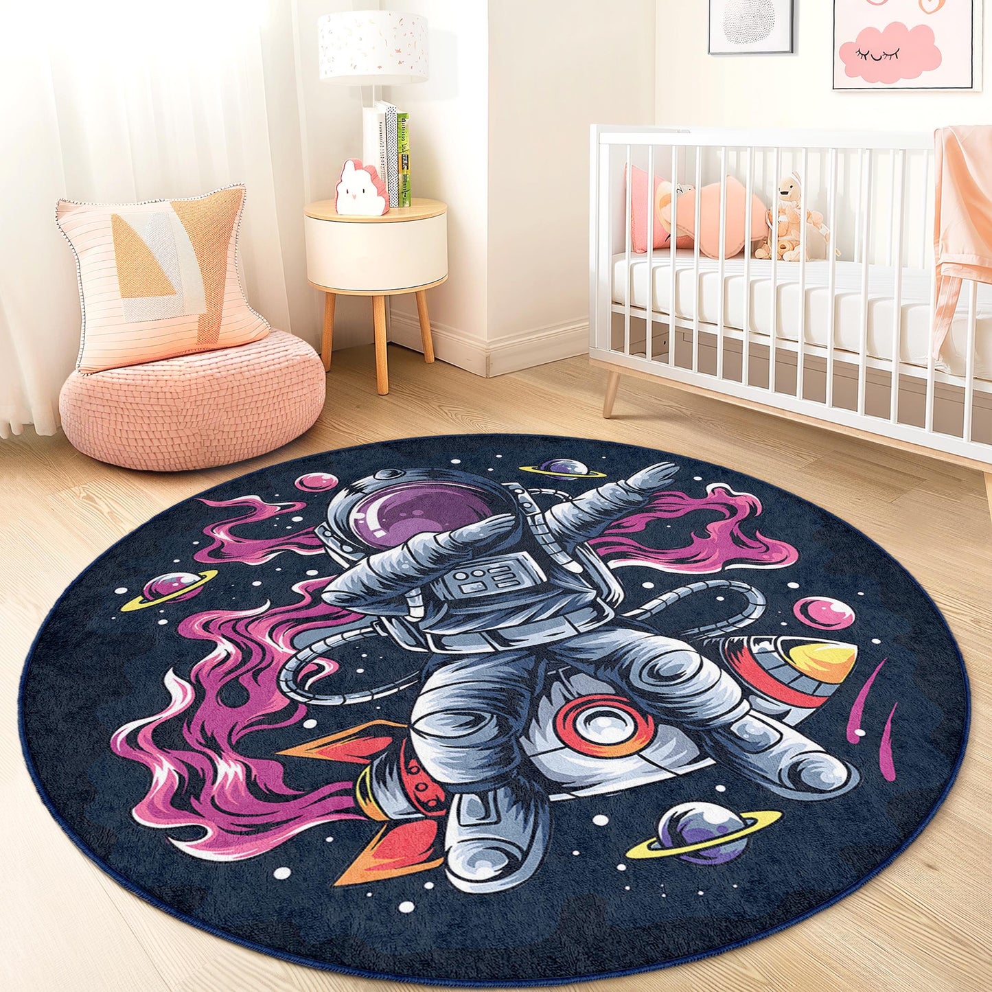 Astronaut Adventure Round Kids Rug, Space Theme Play Mat, Outer Space Decor, Galaxy Kids Room Carpet, Fun Childrens Rug