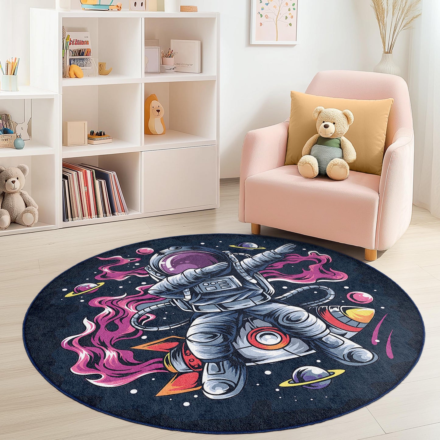 Astronaut Adventure Round Kids Rug, Space Theme Play Mat, Outer Space Decor, Galaxy Kids Room Carpet, Fun Childrens Rug