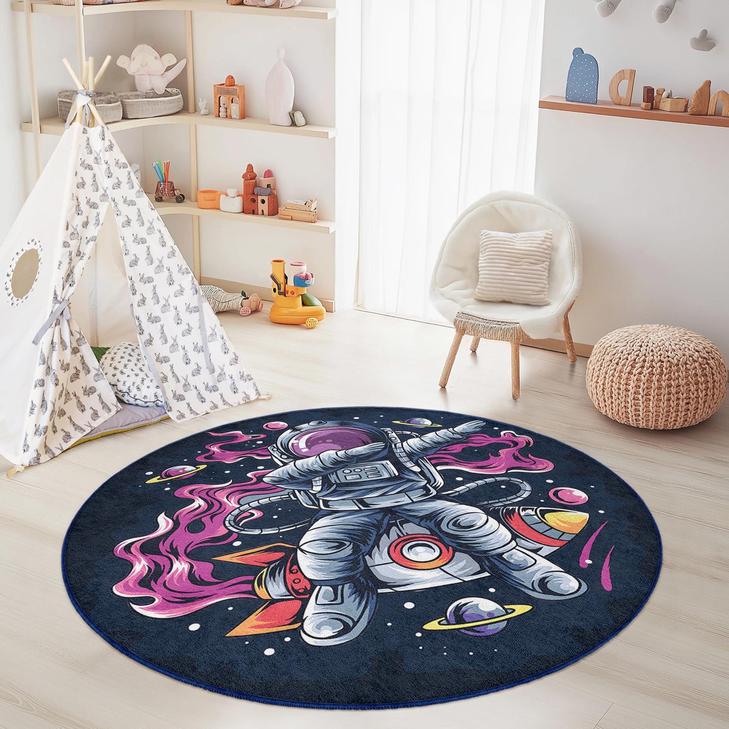 Astronaut Adventure Round Kids Rug, Space Theme Play Mat, Outer Space Decor, Galaxy Kids Room Carpet, Fun Childrens Rug