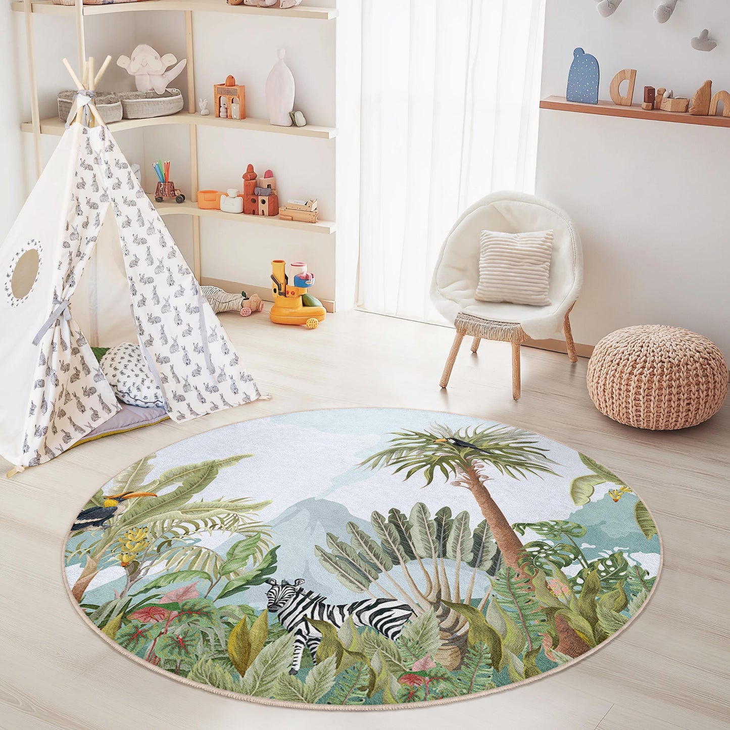 Tropical Jungle Round Kids Play Rug, Jungle Animal Kids Rug, Round Nursery Decor, Soft Play Mat, Kids Room Carpet
