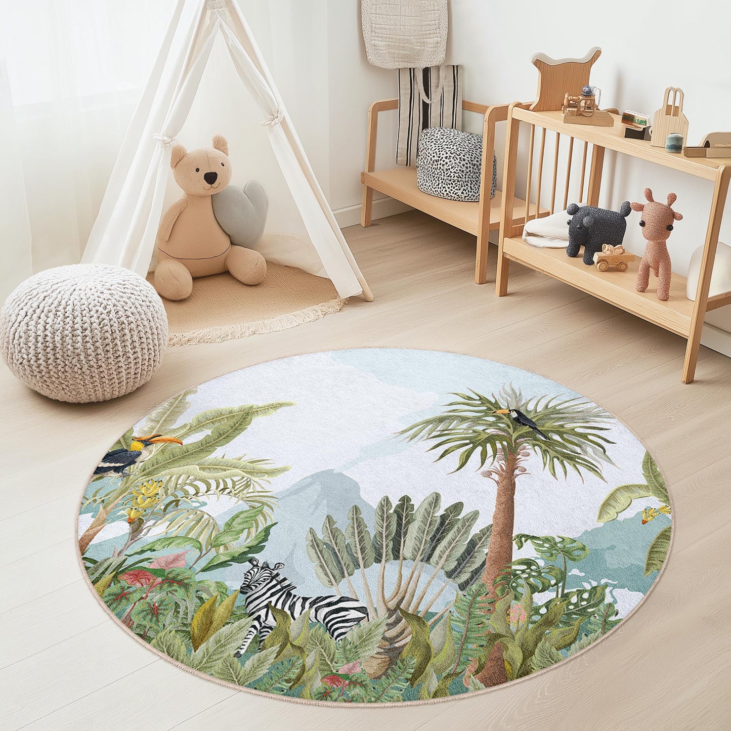 Tropical Jungle Round Kids Play Rug, Jungle Animal Kids Rug, Round Nursery Decor, Soft Play Mat, Kids Room Carpet