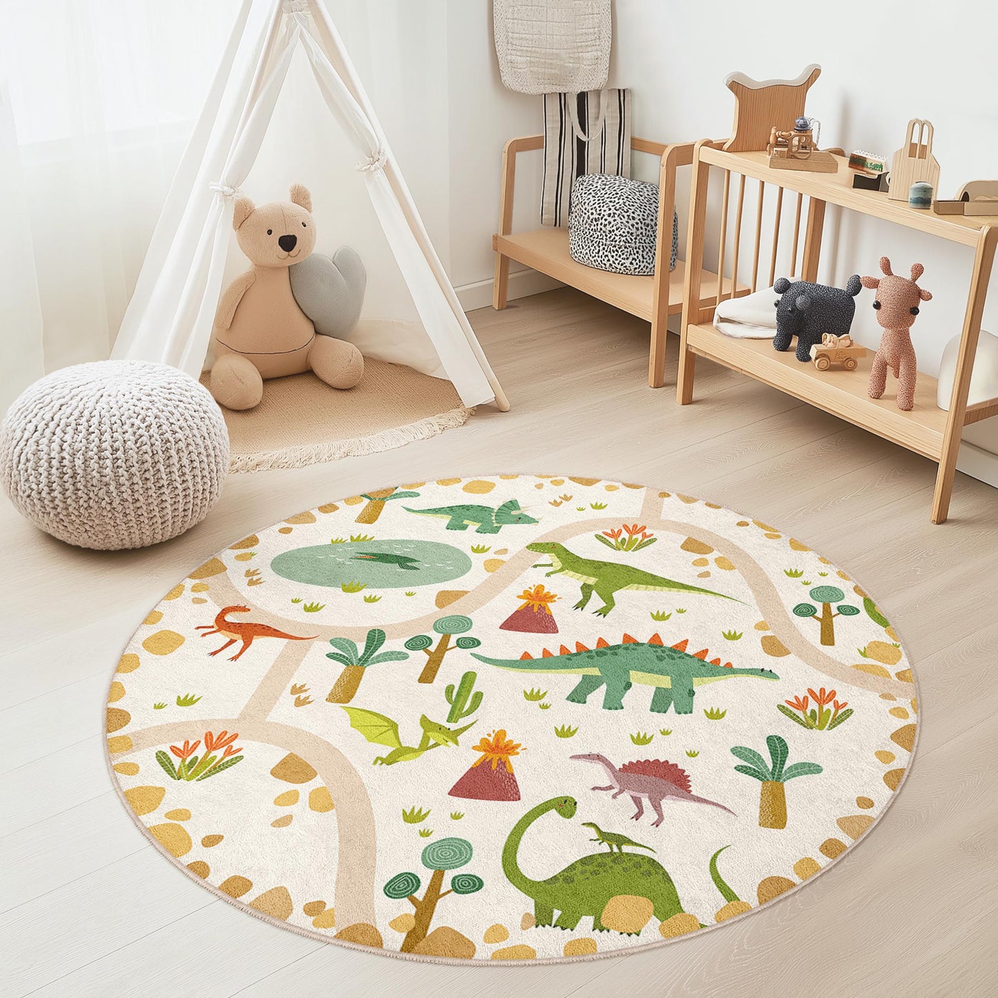 Dinosaur Adventure Round Kids Play Rug, Interactive Dino Mat for Children, Soft Nursery Decor, Playroom Carpet, Kids Room Essentials