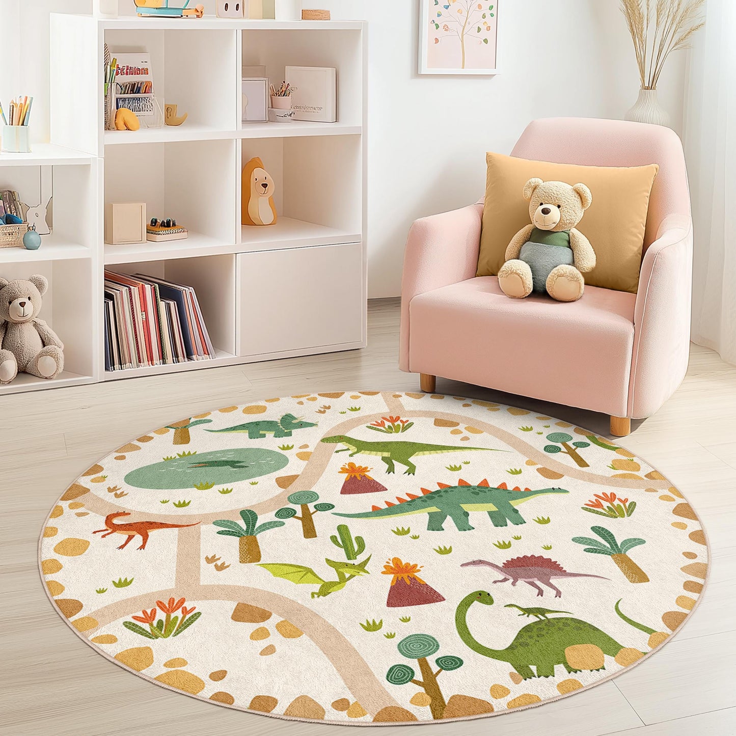 Dinosaur Adventure Round Kids Play Rug, Interactive Dino Mat for Children, Soft Nursery Decor, Playroom Carpet, Kids Room Essentials