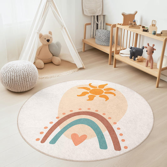 Sunshine Rainbow Playful Round Rug, Kids Room Decor, Colorful Nursery Rug, Soft Round Carpet for Children, Playroom Floor Mat