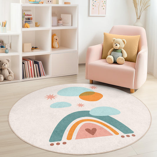 Colorful Rainbow Round Kids Rug, Playful Nursery Decor, Soft Round Carpet for Kids Room, Adorable Round Play Mat, Childrens Room Rug