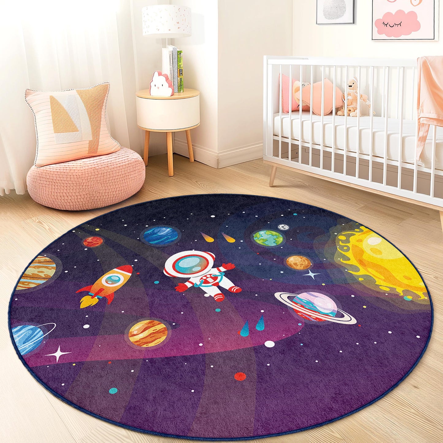Space Adventure Round Kids Rug, Astronaut Space Decor, Galaxy Themed Rug, Playroom Carpet, Nursery Area Rug, Kids Room Decoration