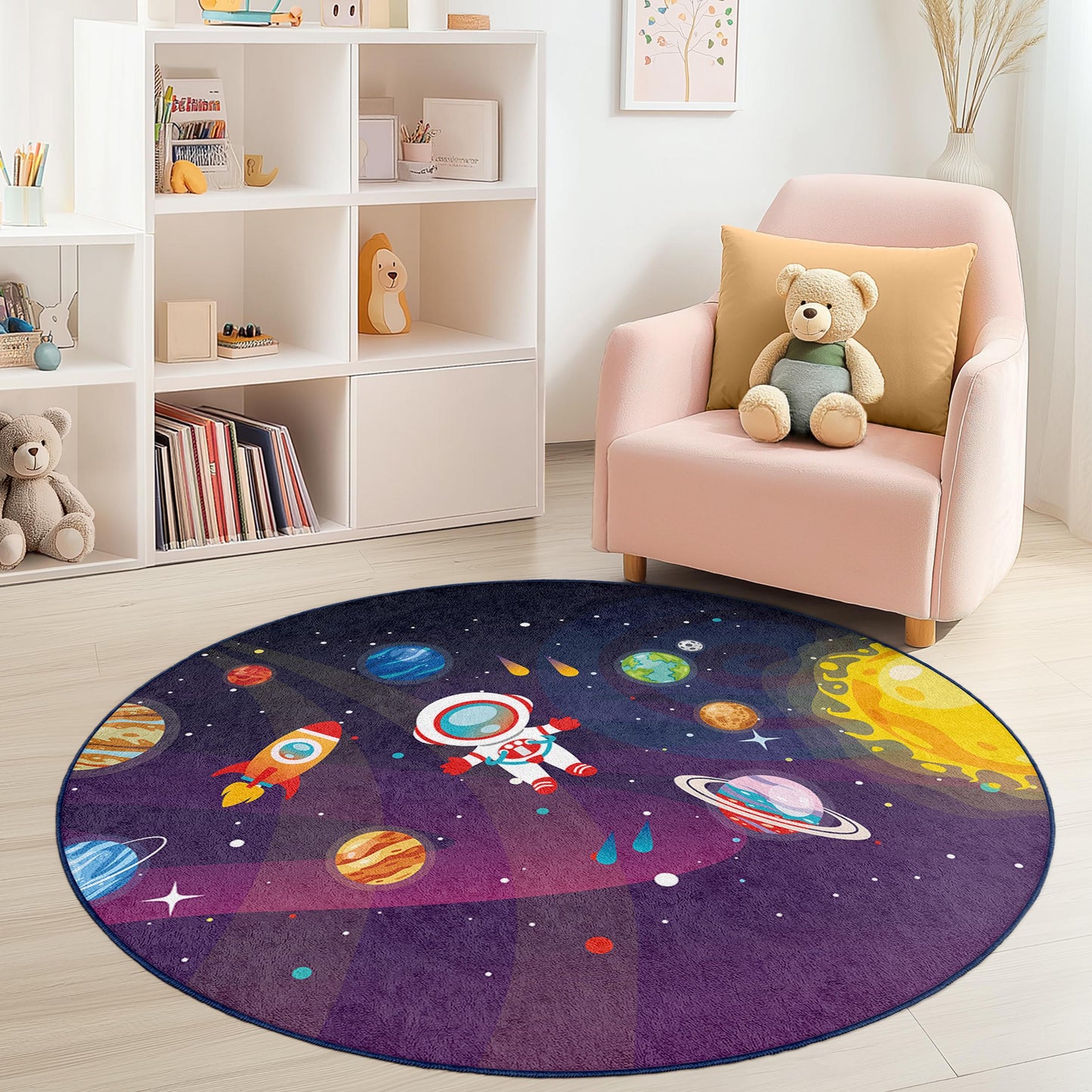 Space Adventure Round Kids Rug, Astronaut Space Decor, Galaxy Themed Rug, Playroom Carpet, Nursery Area Rug, Kids Room Decoration