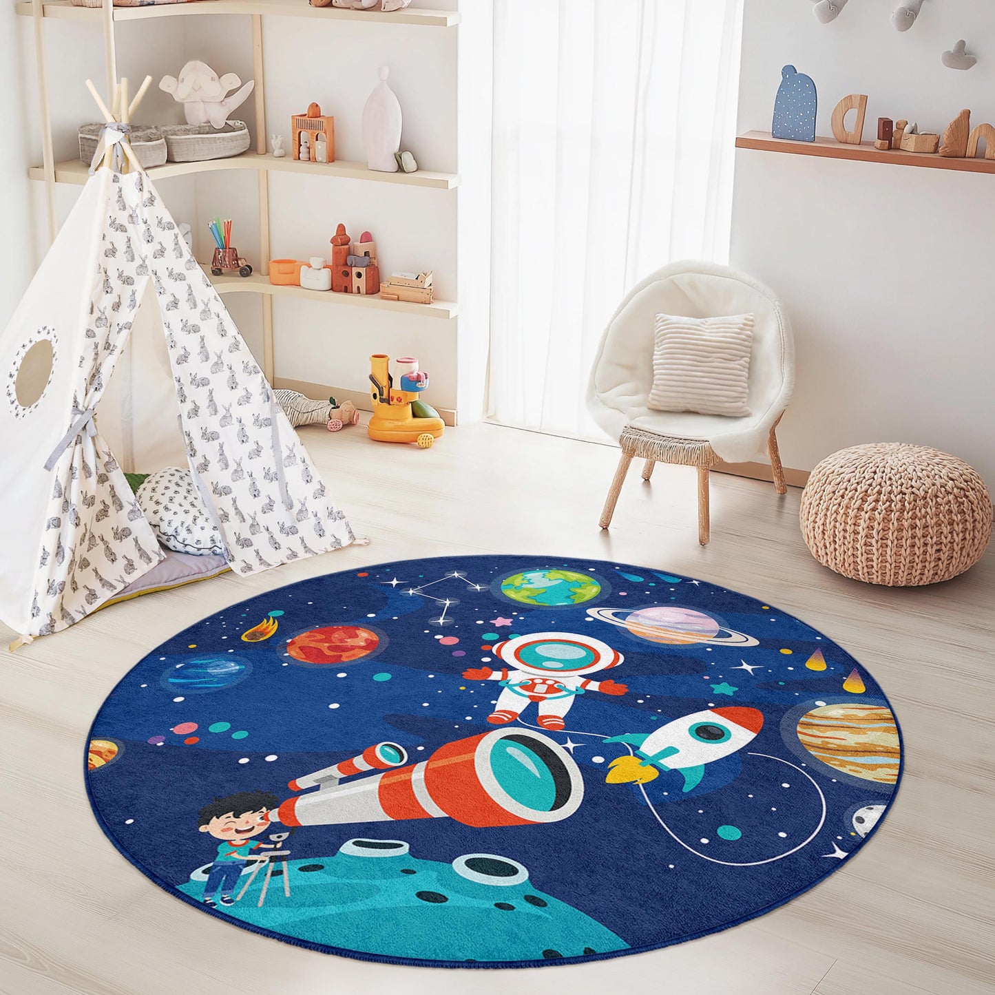 Space Adventure Round Kids Play Rug, Astronaut Kids Rug, Galaxy Themed Carpet, Playroom Decor, Cosmic Rug for Children