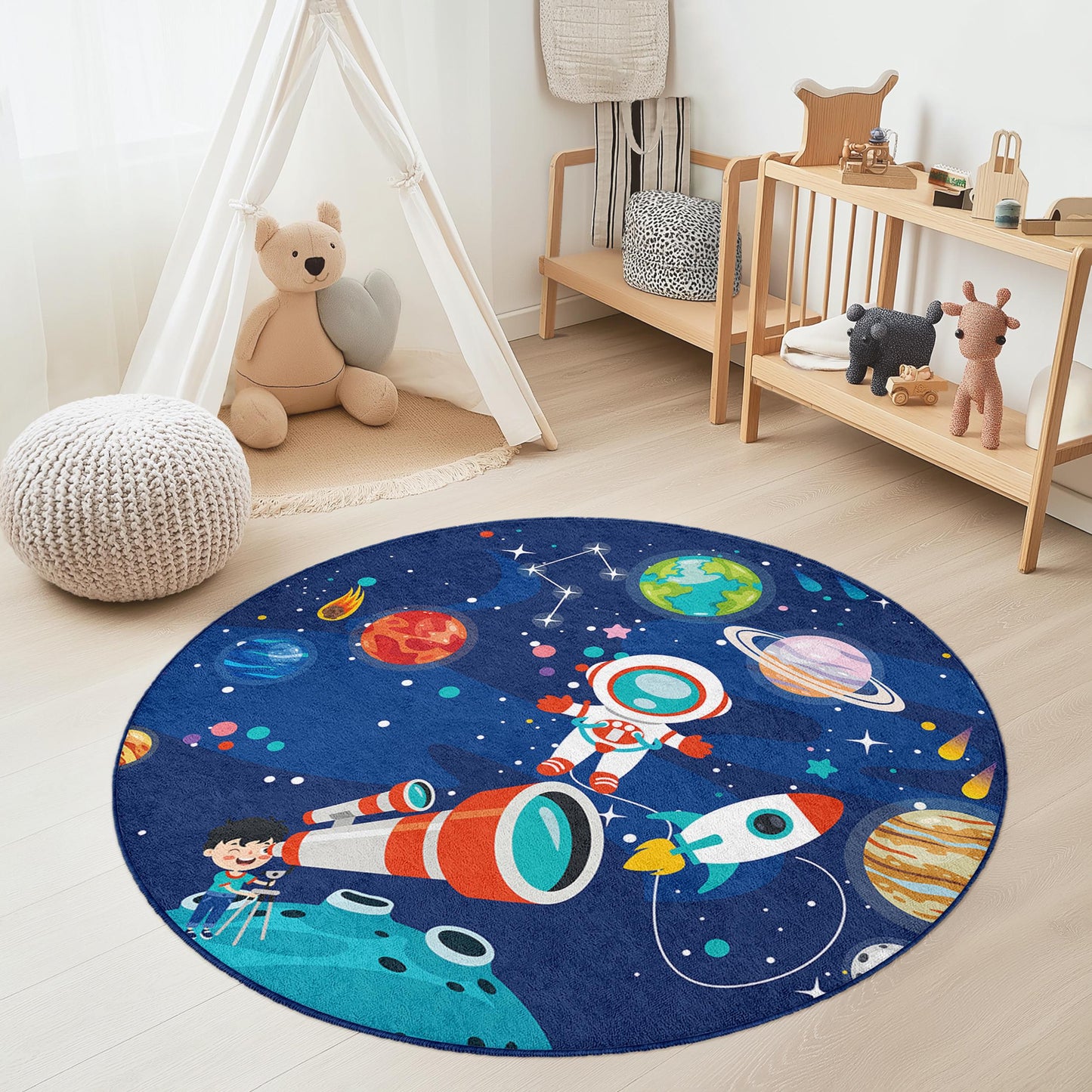 Space Adventure Round Kids Play Rug, Astronaut Kids Rug, Galaxy Themed Carpet, Playroom Decor, Cosmic Rug for Children