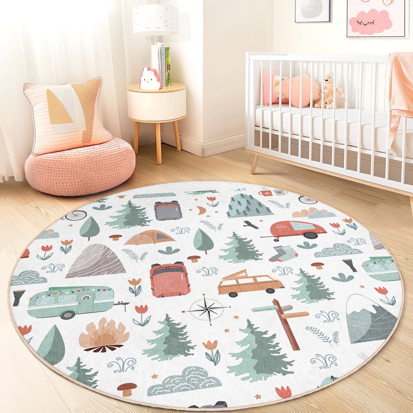 Adventure Camping Round Kids Play Rug, Nature Themed Rug, Soft Round Rug for Kids Room, Nursery Decor, Playroom Carpet